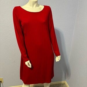 Eileen Fisher Red Ballet-Neck Long Sleeve Cutout Back Viscose Jersey Knit Dress